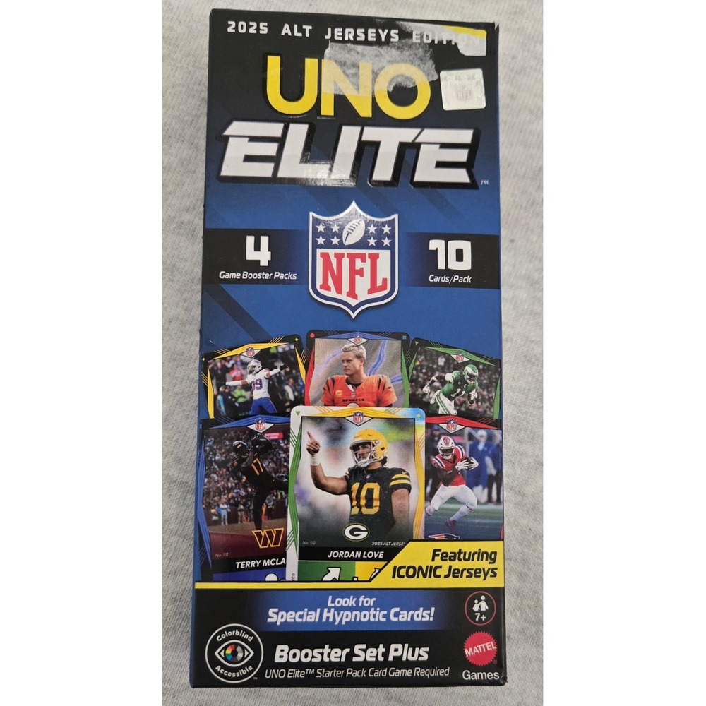 Mattel UNO Elite NFL 2025 Alt Jerseys Edition Booster Set Plus 4 Packs 40 Cards